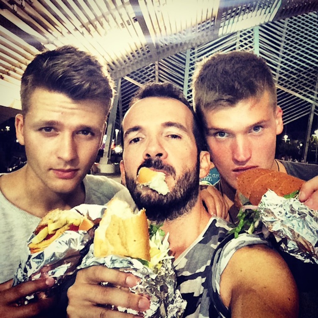 Living the real "street food" experience during a concert at the Olympic Stadium (here with my friends Miltos & Ilias).