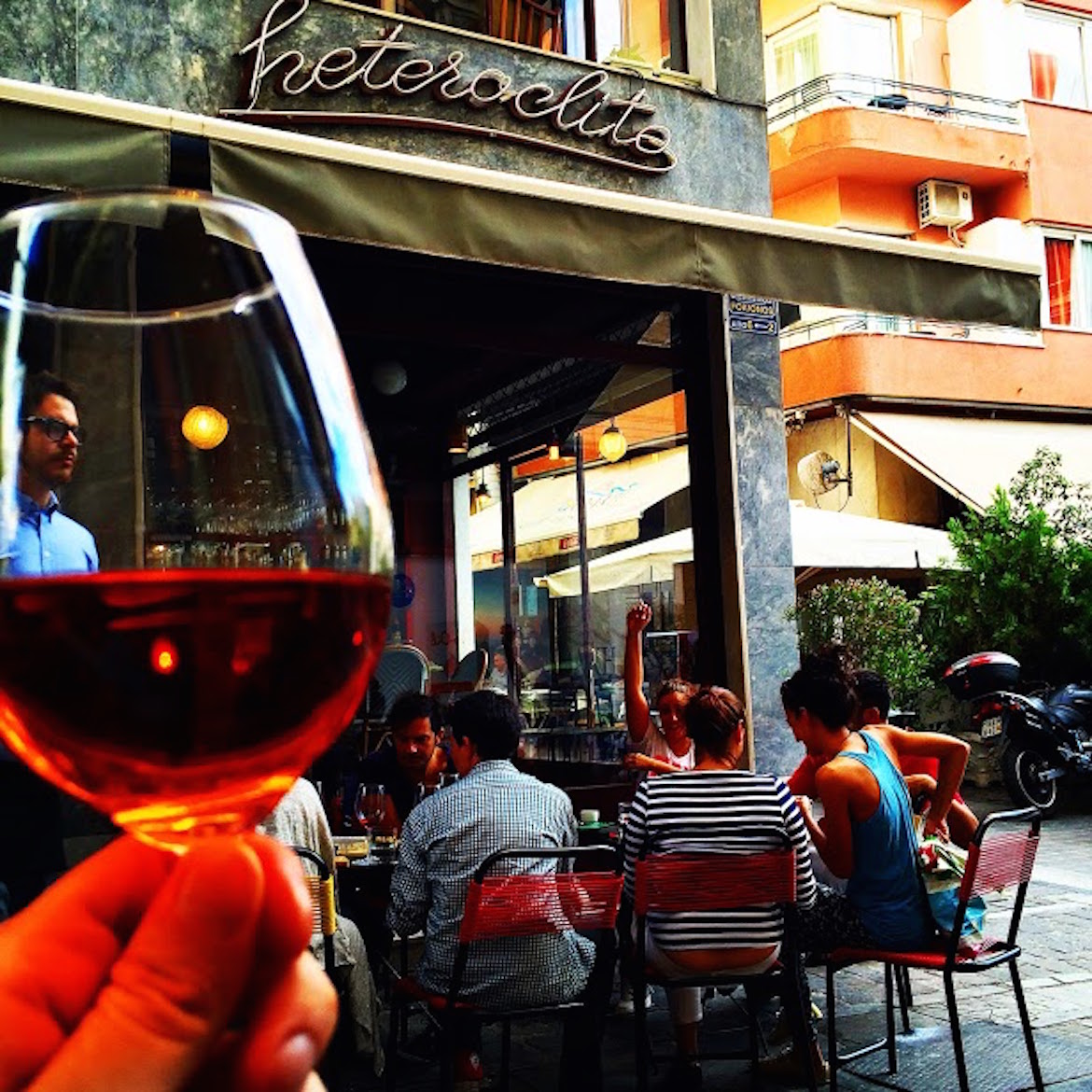 A glass of rose wine at Heteroclito, this sophisticated wine bar near Athens' cathedral.