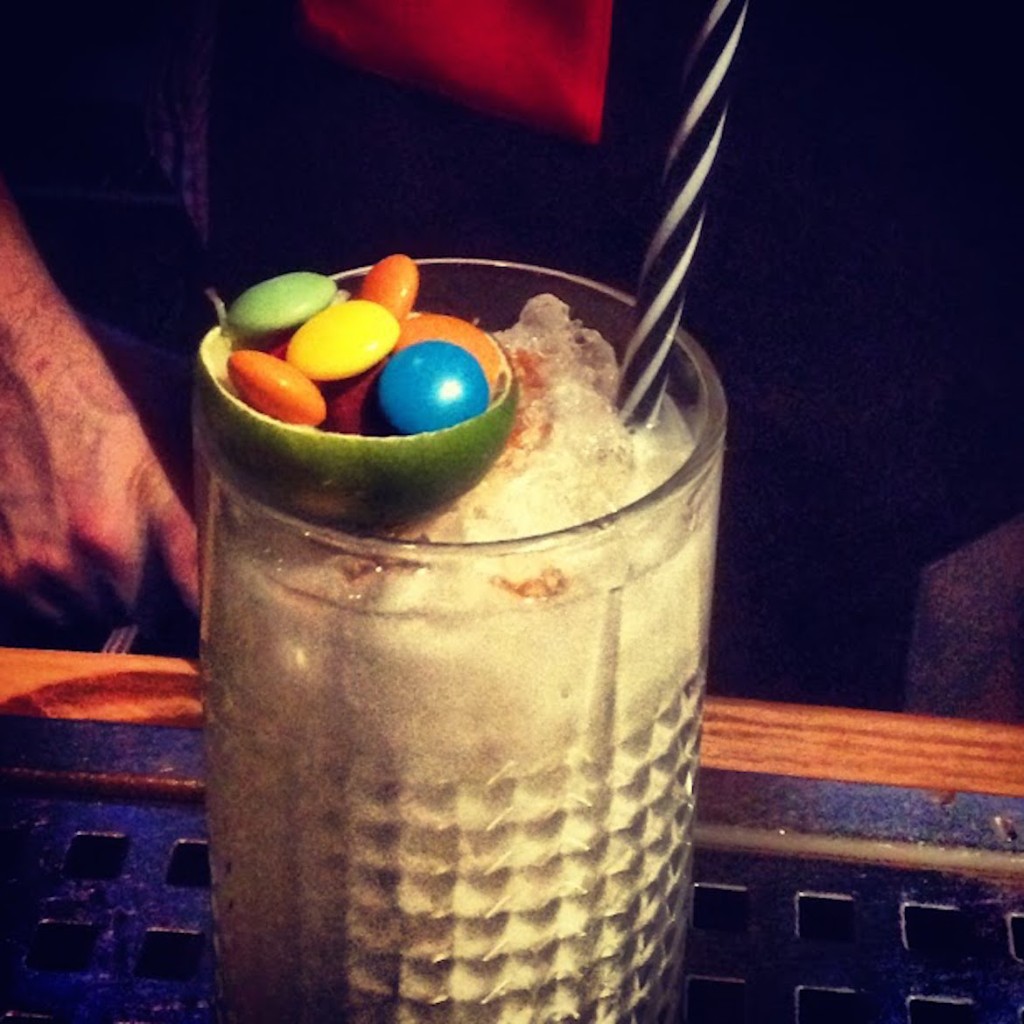 Banana Split Colada decorated with... m&m's