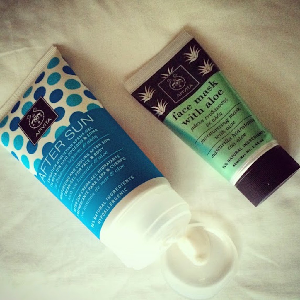 Cool down your sun-burnt skin with this Apivita mosturizing mask with aloe & after sun for face and body.