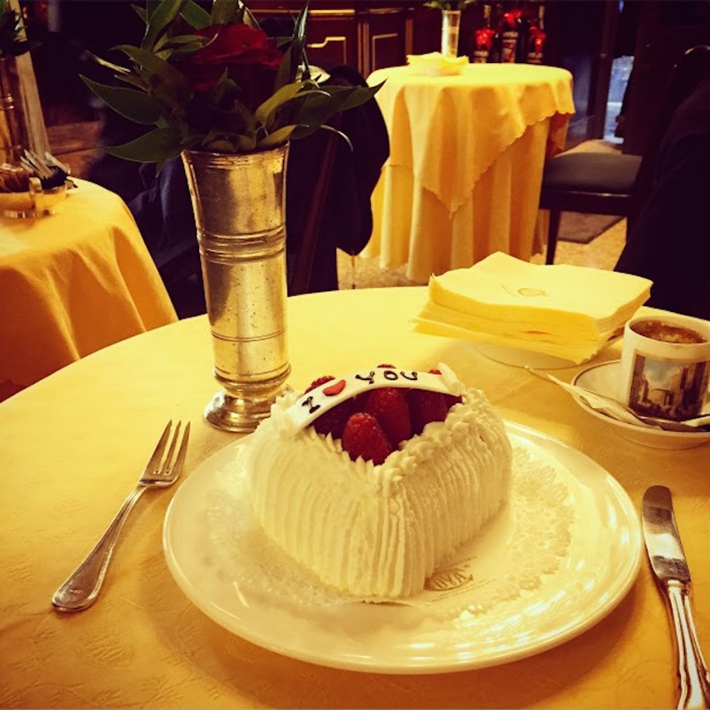 Torta fragola & espresso macchiato at the famous for a reason COVA pasticceria-confetteria --- dedicated to this very special one who is not here with me on Valentine's Day