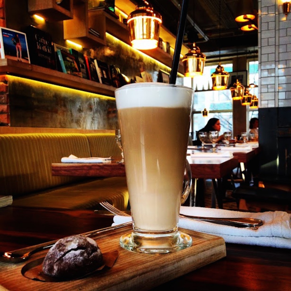 Moscow A coffee latte at cafe Honest on the top floor of super-brands boutique Aizel