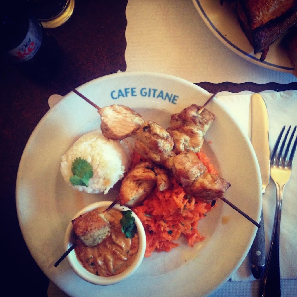 Cafe Gitane Chicken satay with peanut sauce and jasmine rice at Cafe Gitane, super models' favorite bohemian little place in Nolita.