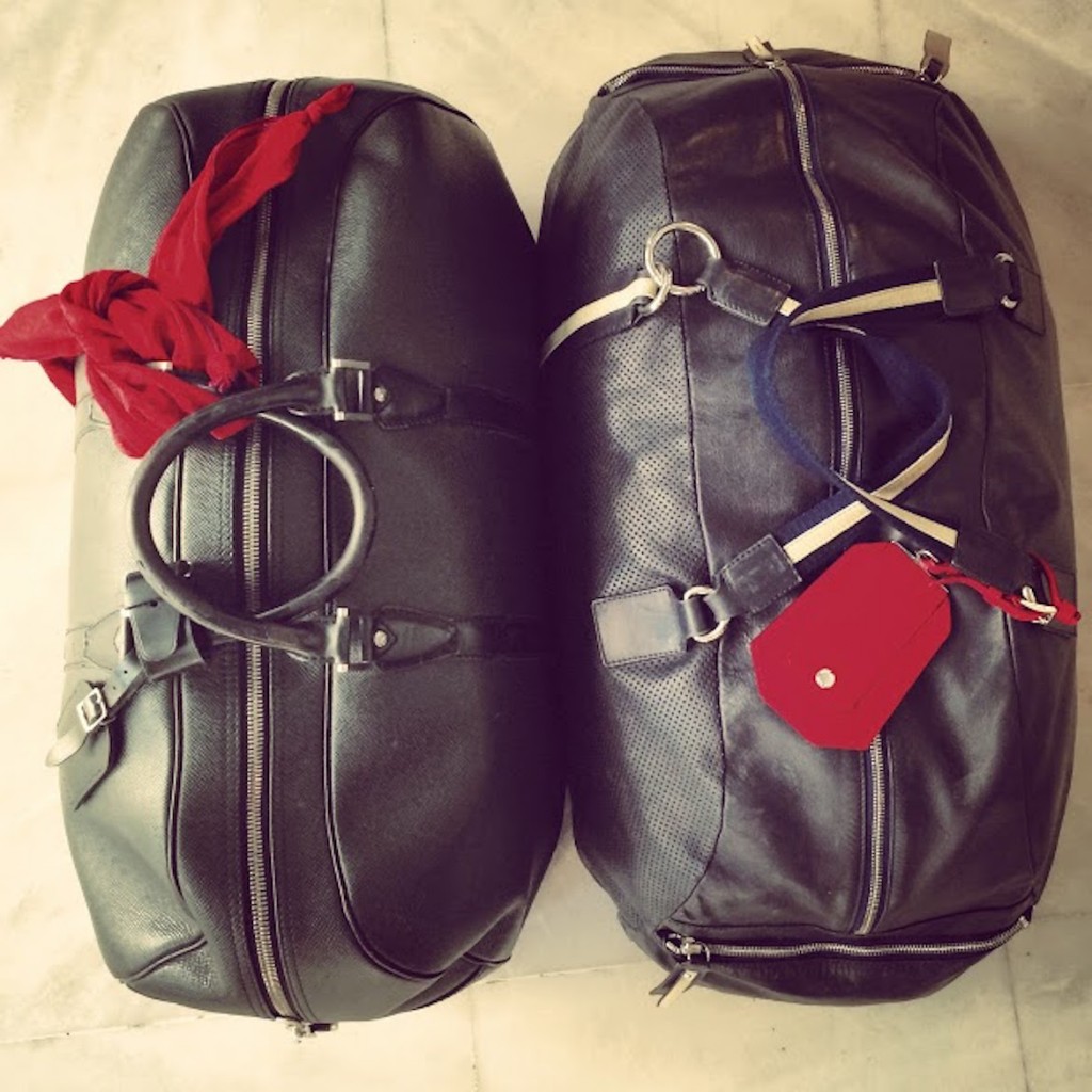 Left: Louis Vuitton weekend bag & Hermes cotton scarf - Right: Zanellato bag & Prada tag