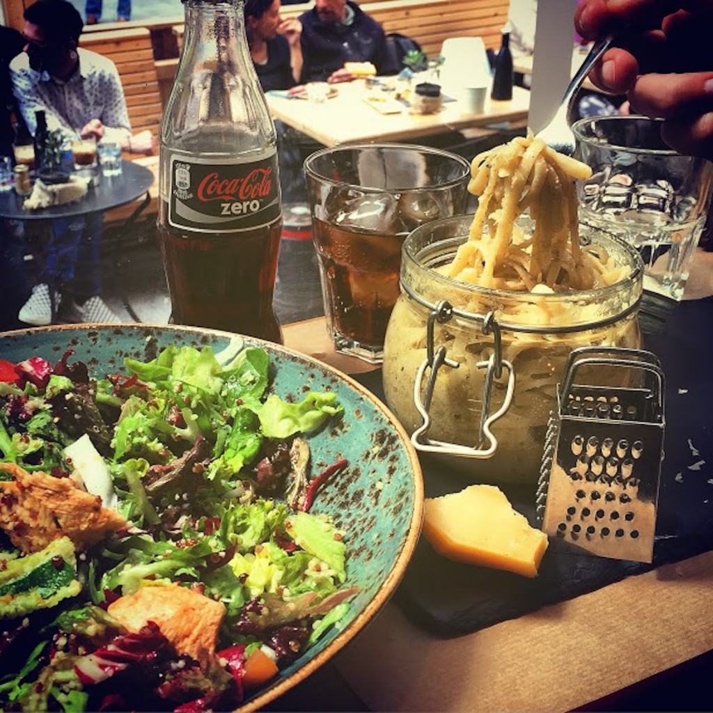 Harvest Coffee & Wine Delicious linguini with walnut pesto & green salad with kinoa and marinated chicken