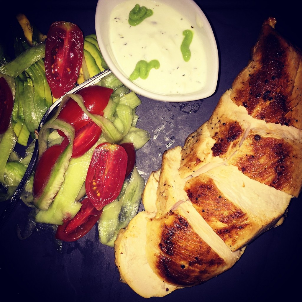 malconis New on the menu: chicken breast with salad & spicy yogurt sauce.