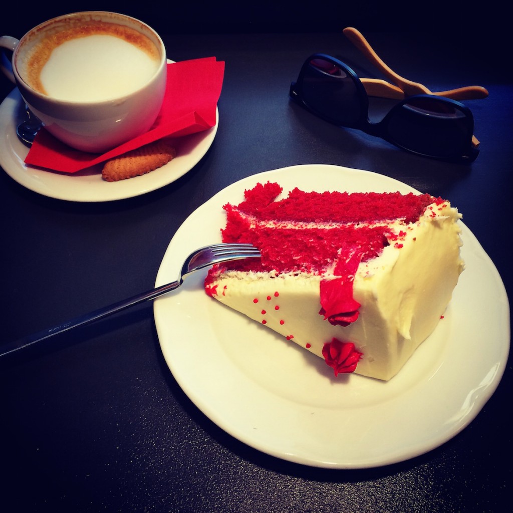 Red Velvet cake & cappucino at Cake pastry shop.