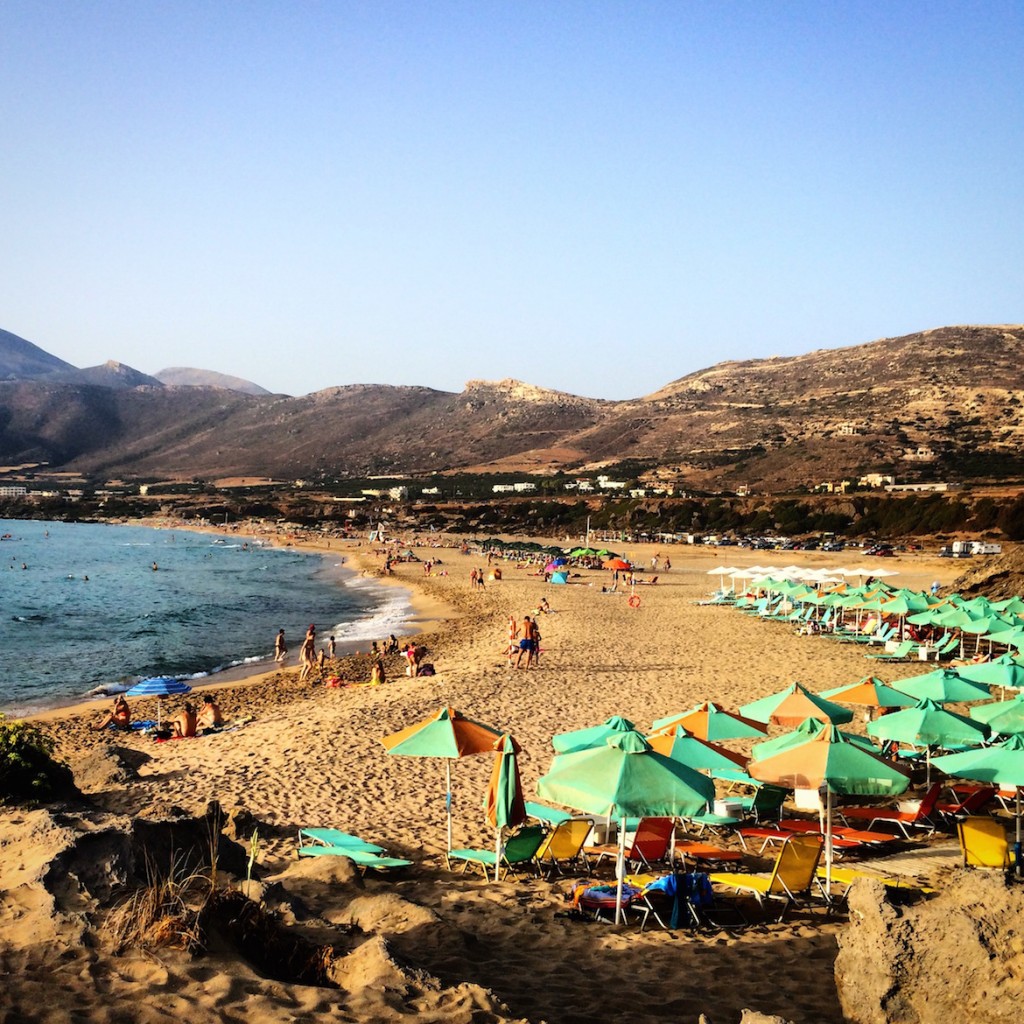 Panoramic view of the long & wide sands of Falassarna beach.