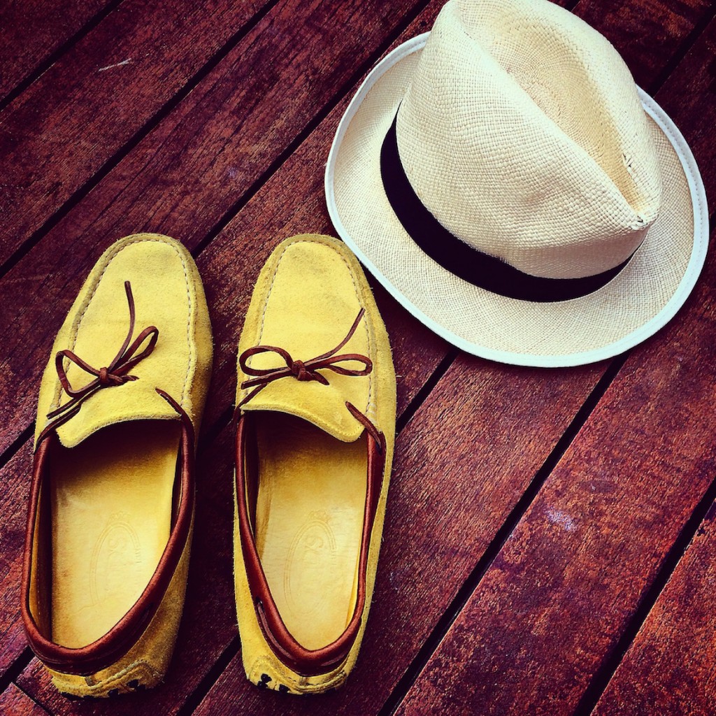Preppy style wearing Tod's driving shoes & a genuine Panama hat