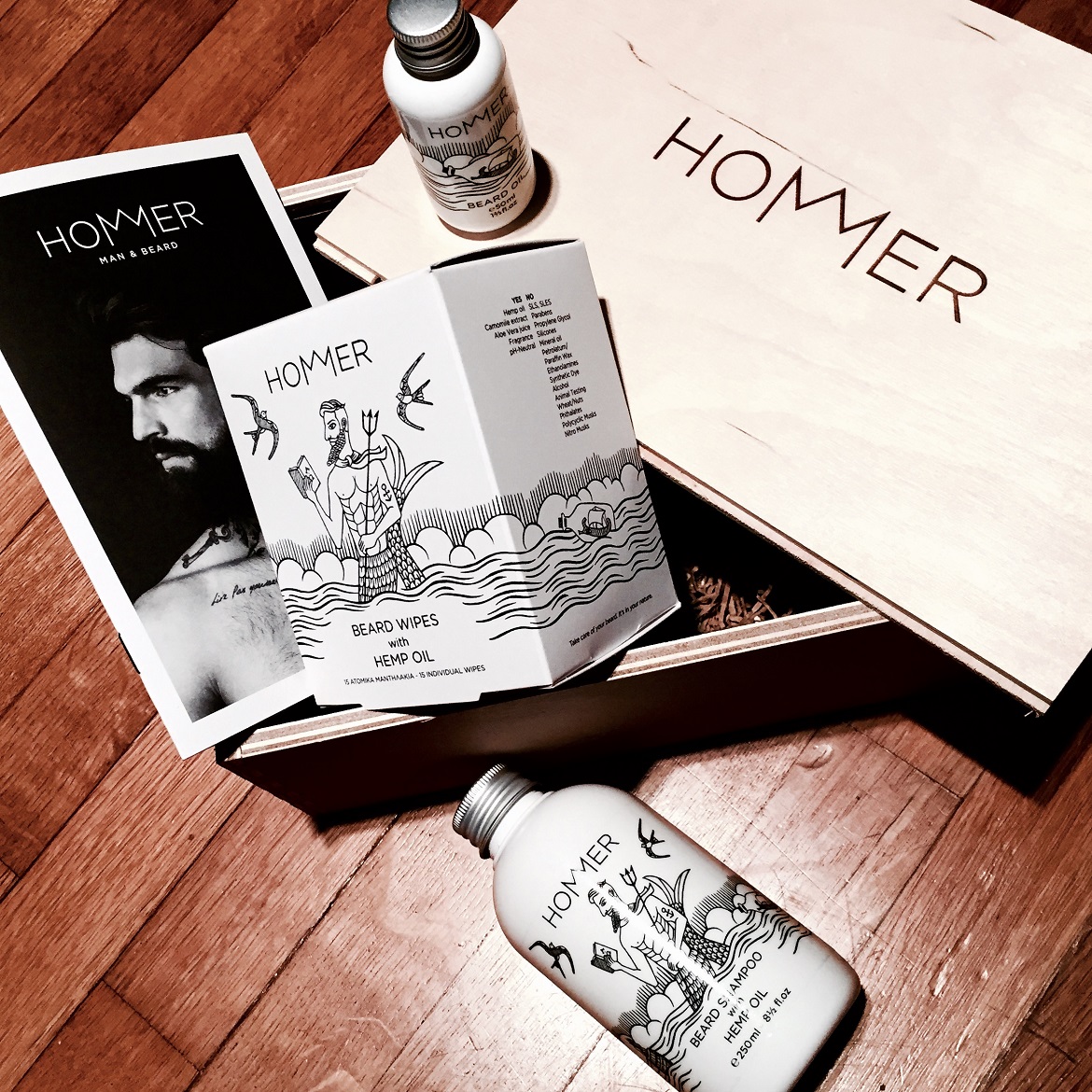 HOMMER full set containing Beard Shampoo, Beard Oil & Beard Wipes