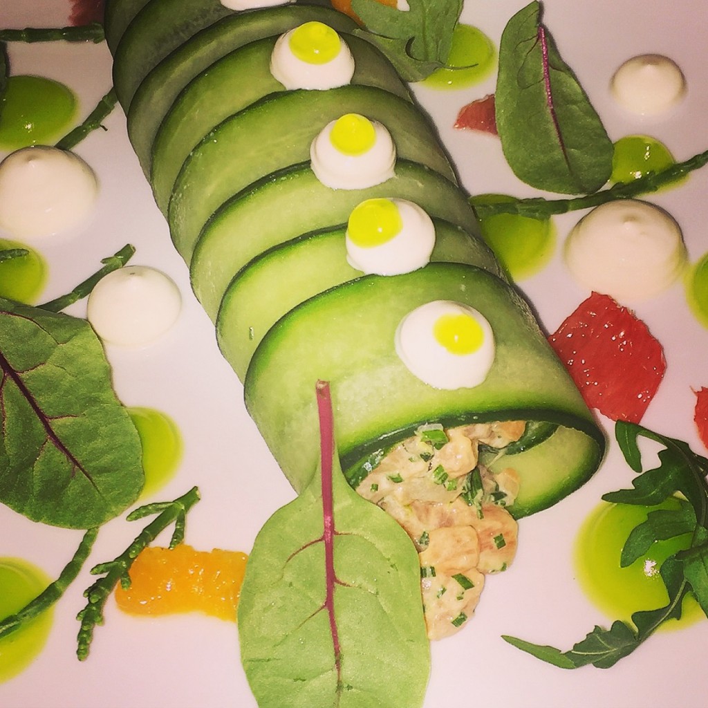 Salmon tartar with greek yoghurt, mustard, chives, mini salad & lime gel.