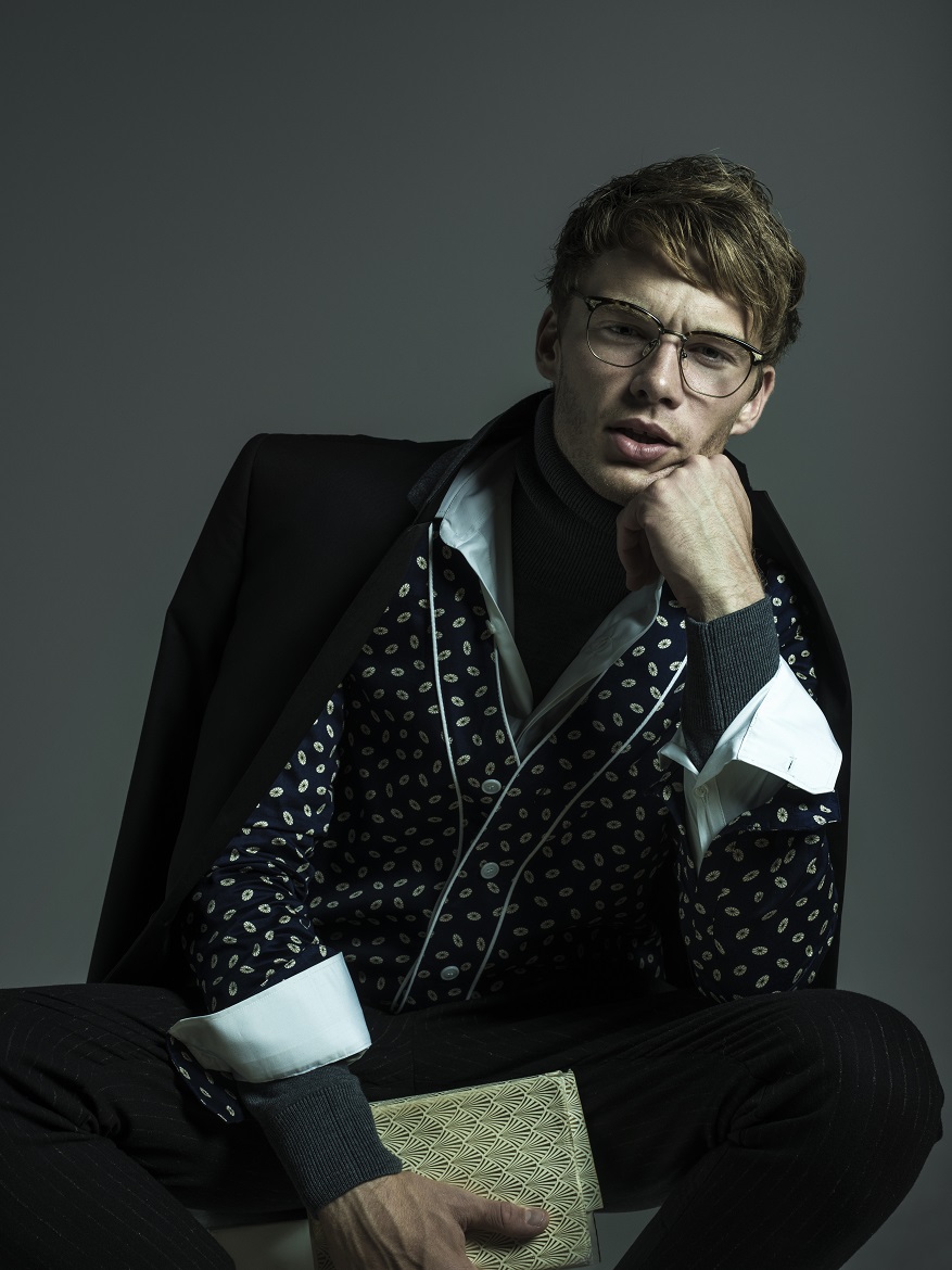 Jacket Anthony Morato (Shop & Trade). Shirt Sotiris Georgiou. Turtleneck Brooks Brothers. Pyjamas Dimitris Petrou. Trousers Maison Martin Margiela (Free Shop). Eyewear Papa Hemingway (Panaidis boutique).