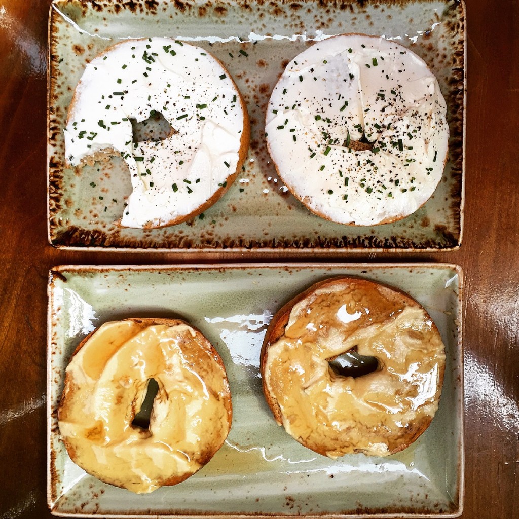 Tasty bagels with creamcheese (up) or tahini & honey (down).
