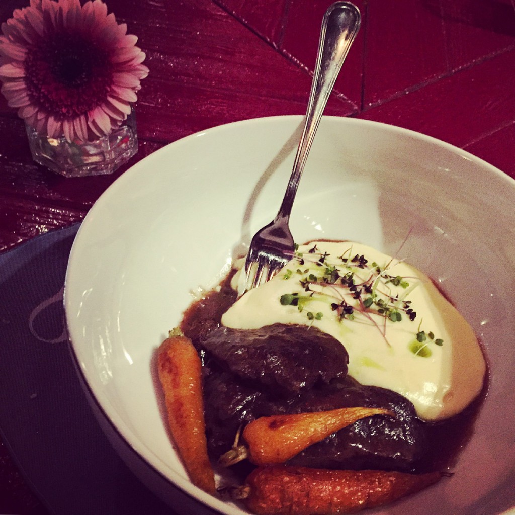 Not an ordinary choice but definitely a delicious one: slow-cooked beef cheeks with potato puree & baby carrots.