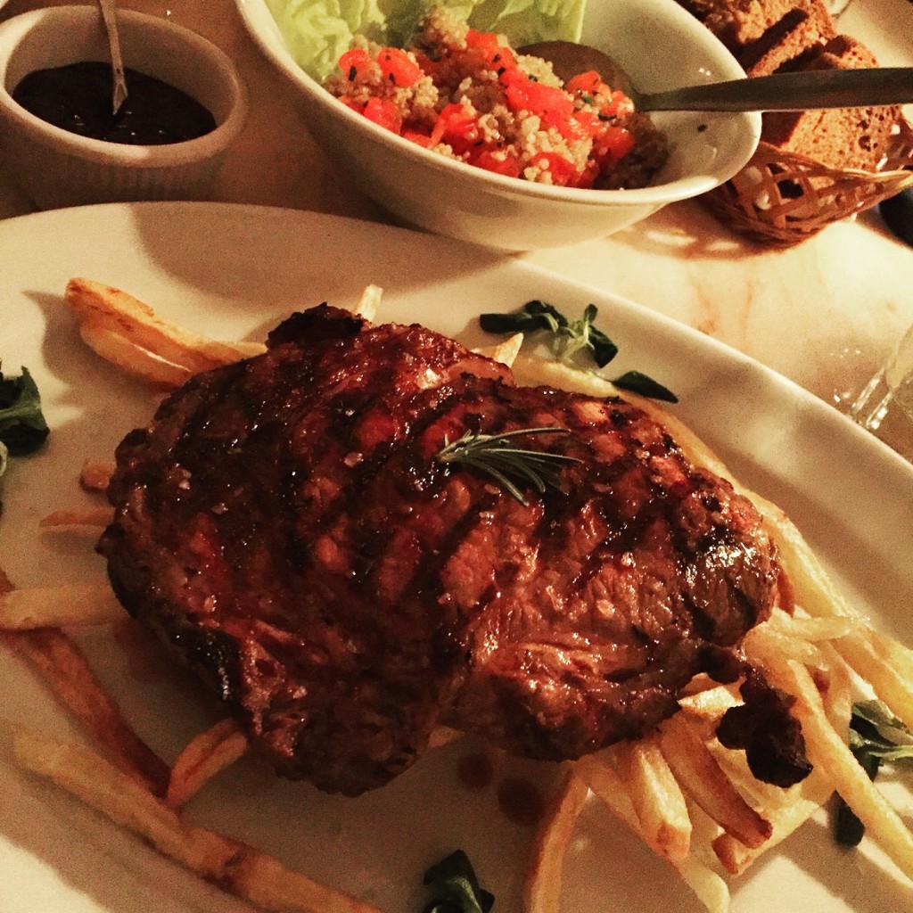 Tender sirloin steak & fries + the newly added to the menu Quinoa salad (in the background).