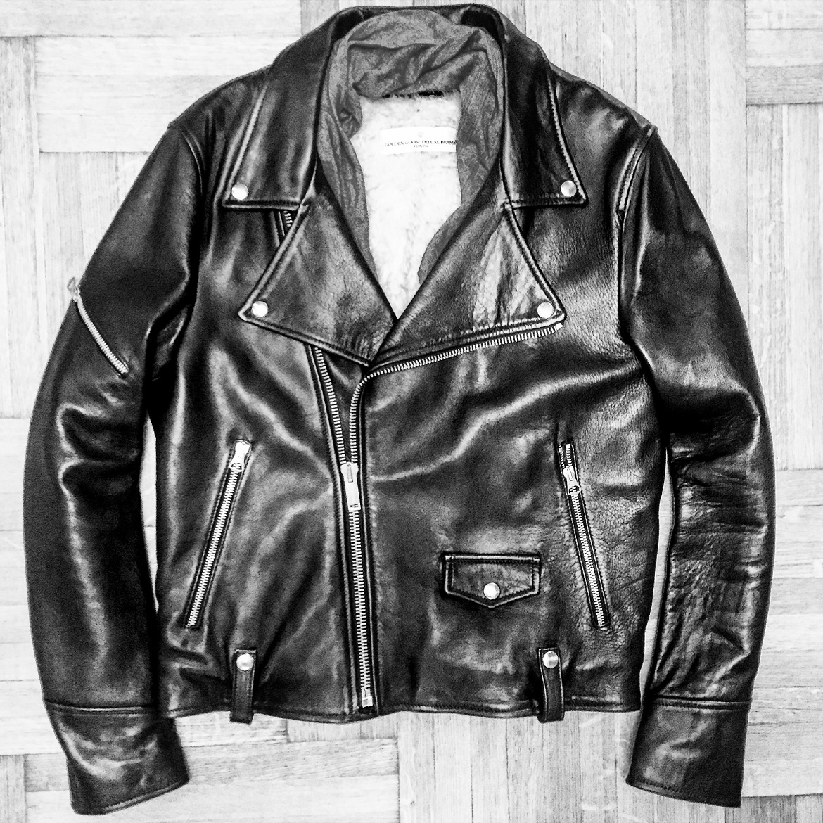 My choice: a Golden Goose Deluxe Brand biker jacket with faux shearling lining // Cotton scarf by Hermes