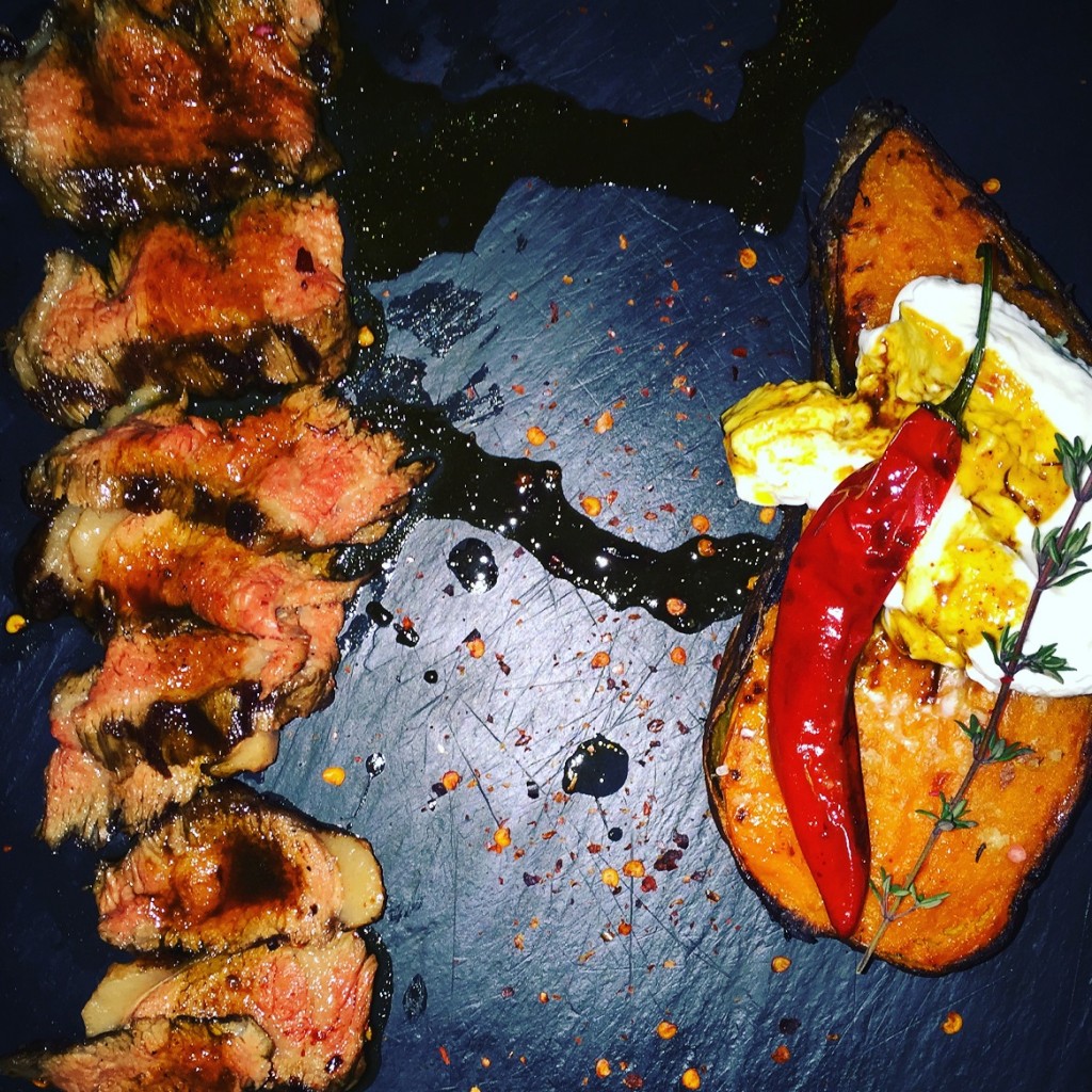 Ultra-tender picanha with sweet potato & cream cheese with truffle at 48 URBAN GARDEN