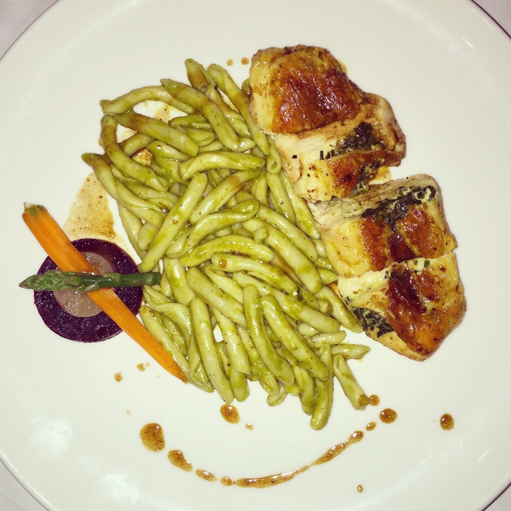 Dinner at Modern rooftop restaurant: Organic chicken fillet, herb crust & skioufihto pasta of Crete