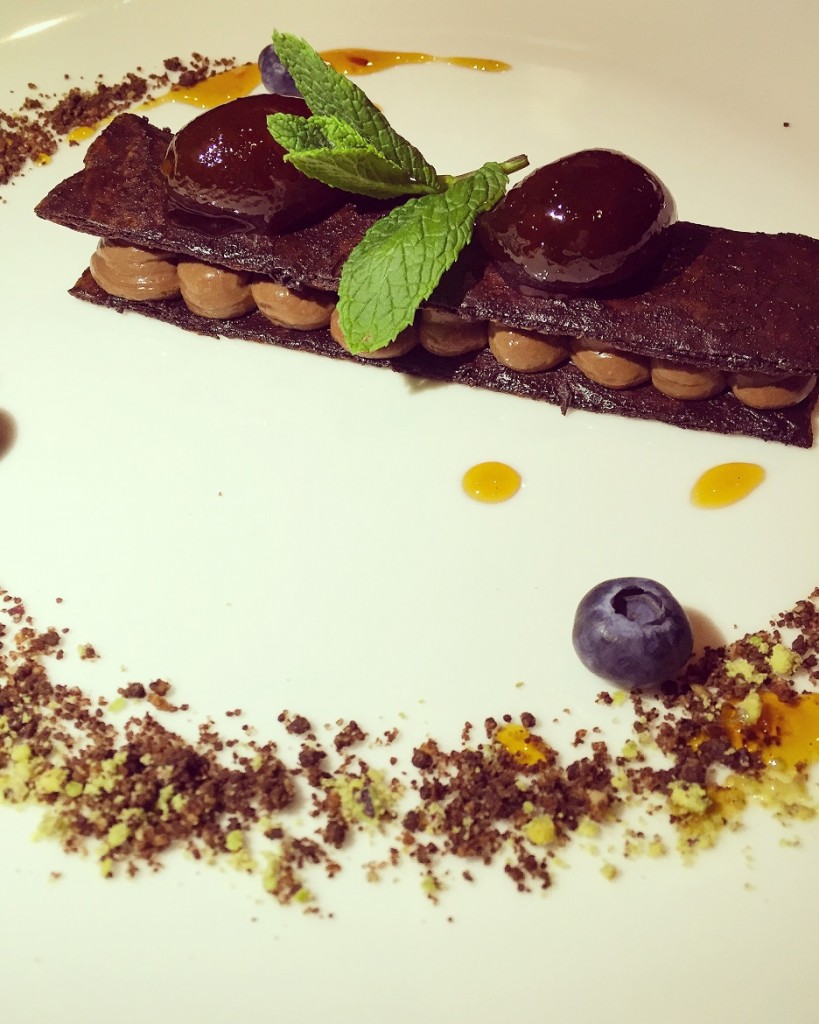 A dessert to die for: Millefeuille with chocolate tainori, kumquat preserve & raspberries sorbet