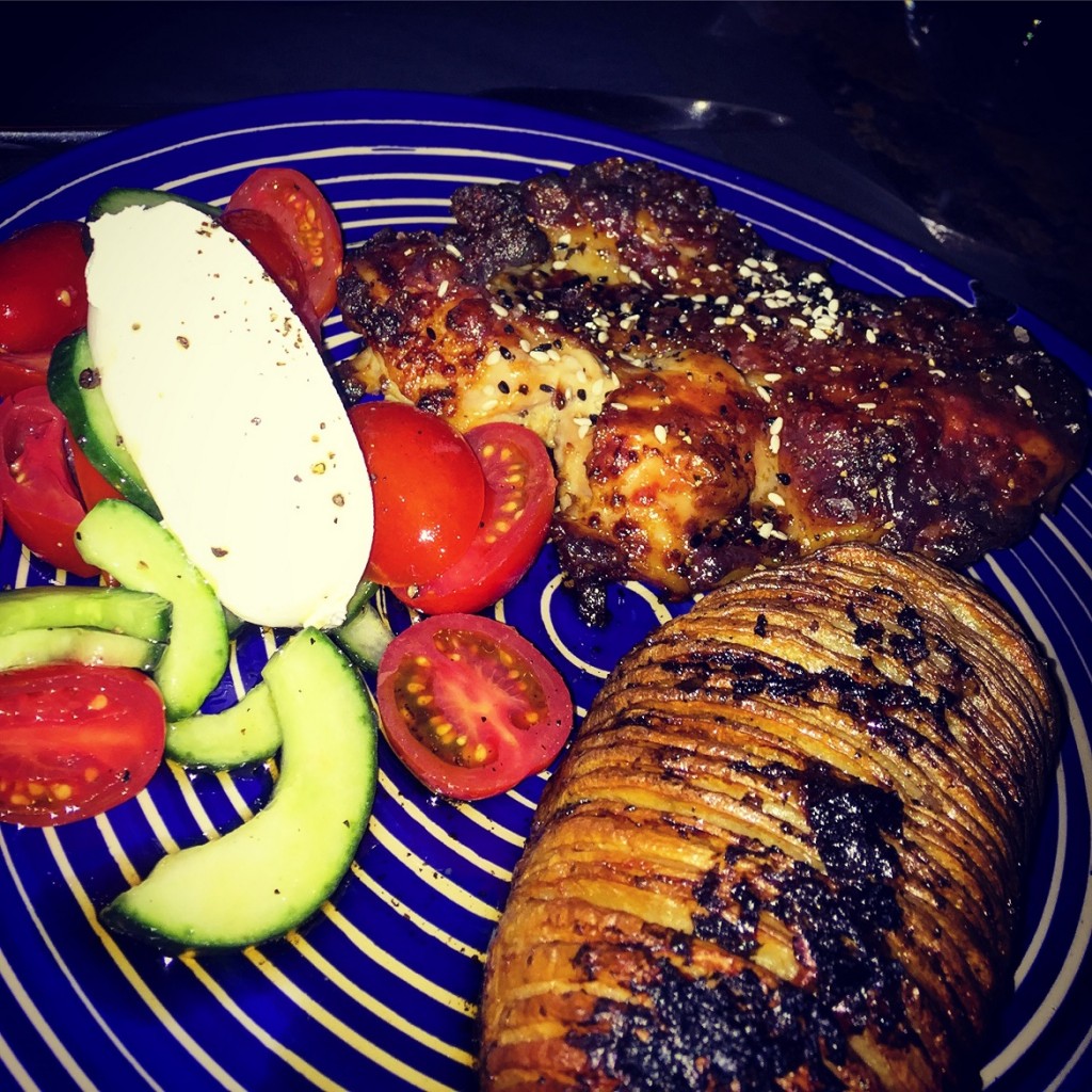 Chicken leg cooked sous vide with tomato, mascarpone, black sesame & baked potato at Malconi's, Kolonaki