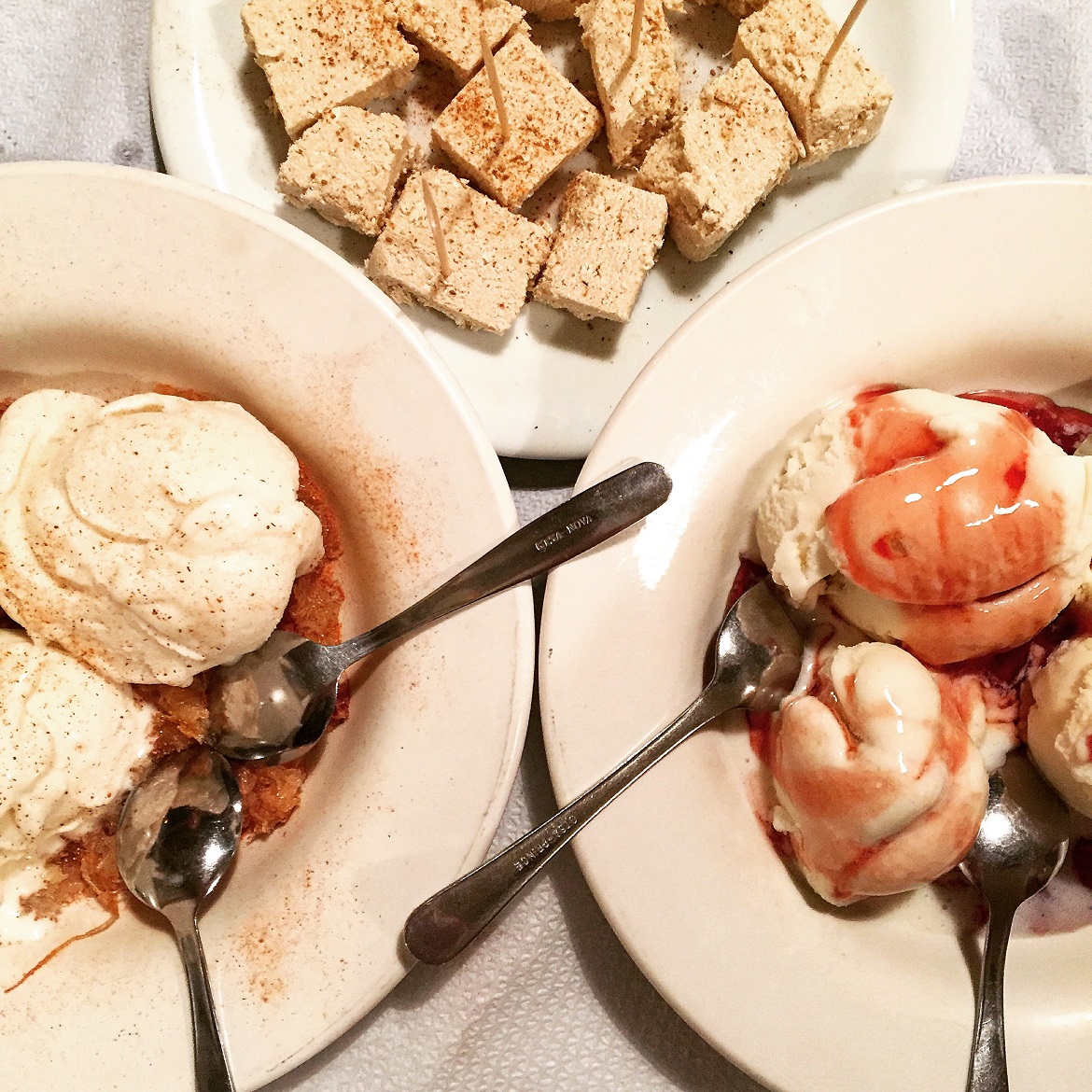 Left: delicious Kaimaki ice cream with kataifi (shredded dough) & cinnamon - Right: with sour cherry syrup
