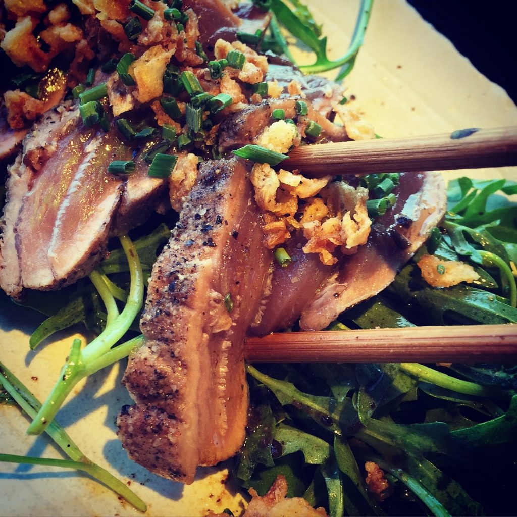 TUNA TATAKI: baby rocket, truffle-ponzu sauce